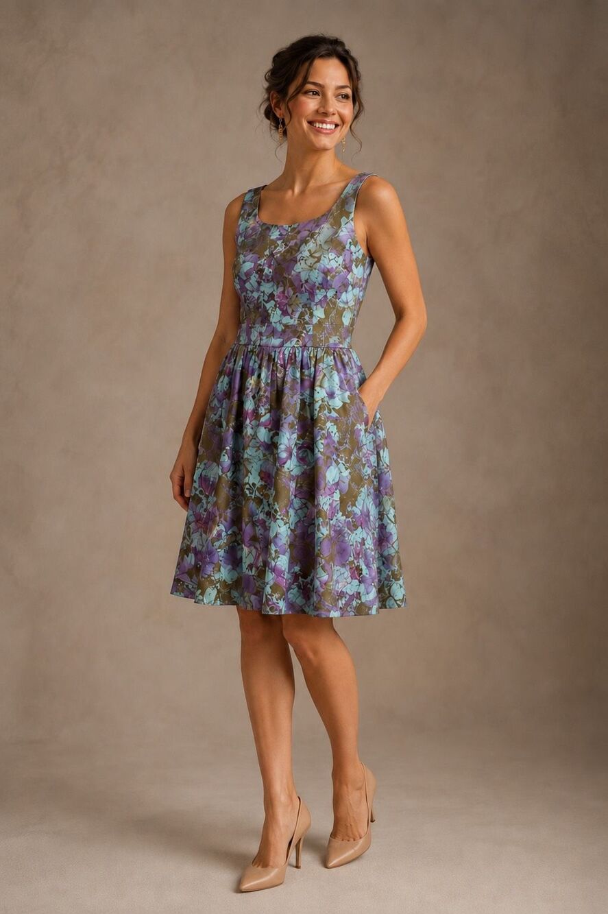 Taylor Floral Cotton Silk Fit Flare Dress Size 6 Pockets Purple Aqua D-3
